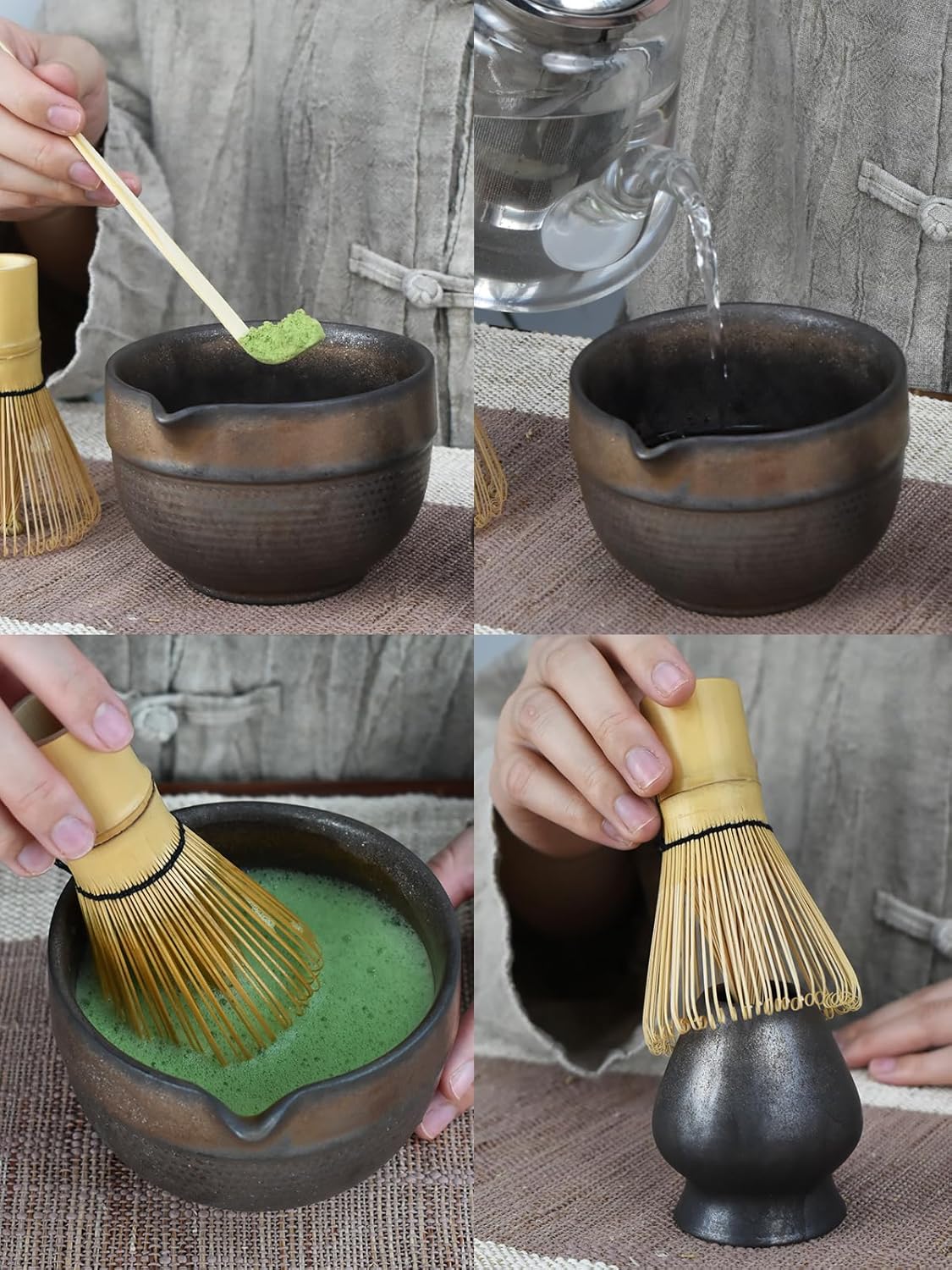 Artcome 4 Pcs Complete Matcha Ceremony Kit - Japanese Bowl With Pouring Spout, Whisk, Holder, Scoop - Tea Set for Making Usucha, Koicha and Latte (Green)