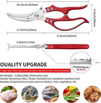 MAD SHARK Heavy Duty Poultry Shears, Kitchen Shears with Non-Slip Handle & Safety Lock, All Purpose Kitchen Scissors for Chicken, Meat Cutting, Turkey, Fish, Vegetables, Spring Loaded, Dishwasher Safe