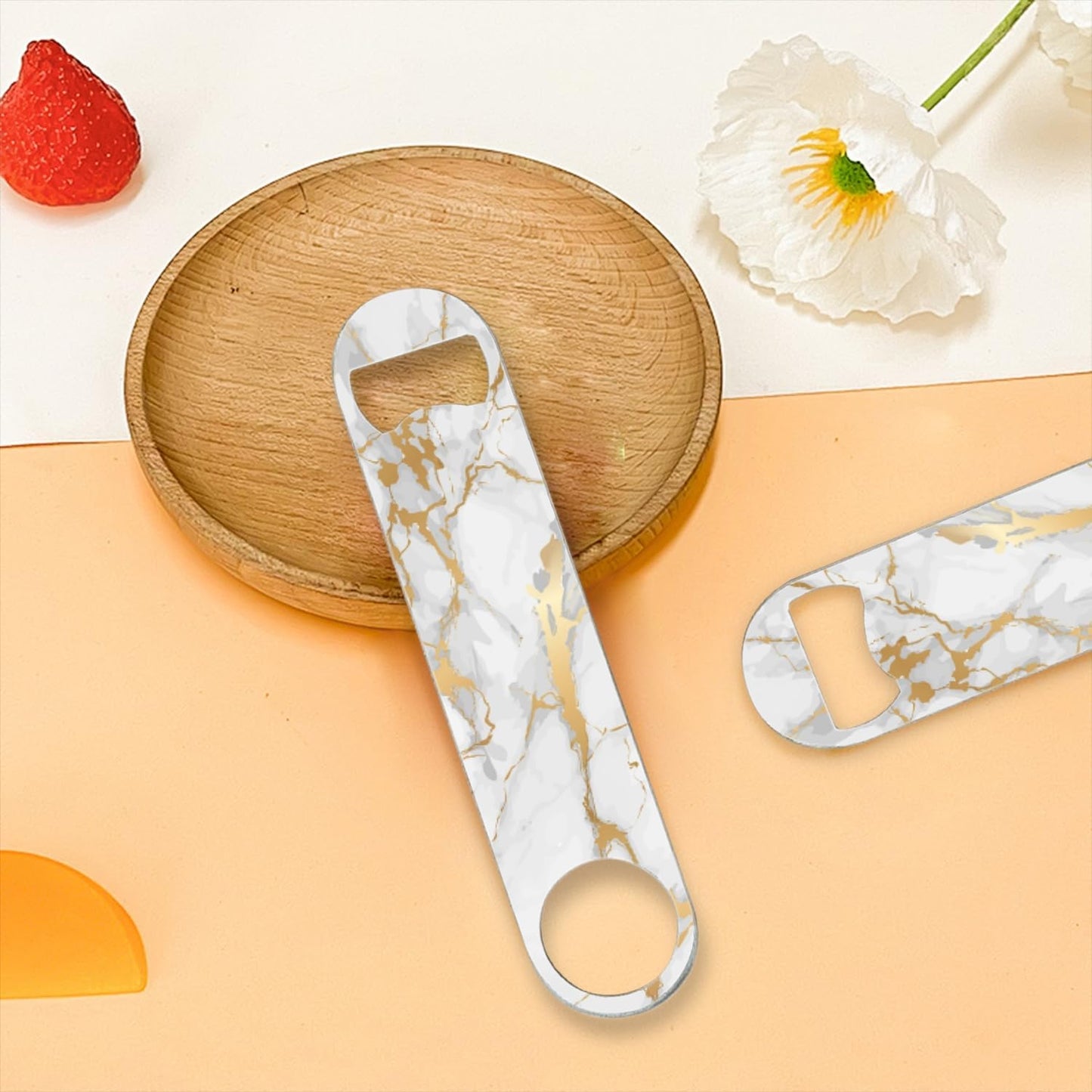 2 PACK Beer Bottle Opener, Stainless Steel Flat Bottle Openers,7 inch Metal Decor,Pink And Gold Marble