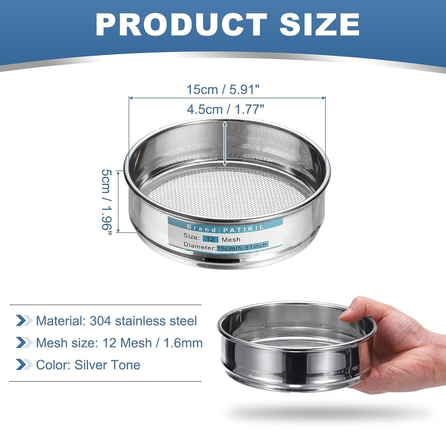 PATIKIL 220 Mesh(0.0385mm) Lab Sieve, 5.9"(15cm) Diameter Sifting Screen 304 Stainless Steel Wire Cloth Fine Mesh Sieve for Industrial Laboratory Home Soil Sifter Dry Sift Screens Hash - Colors B