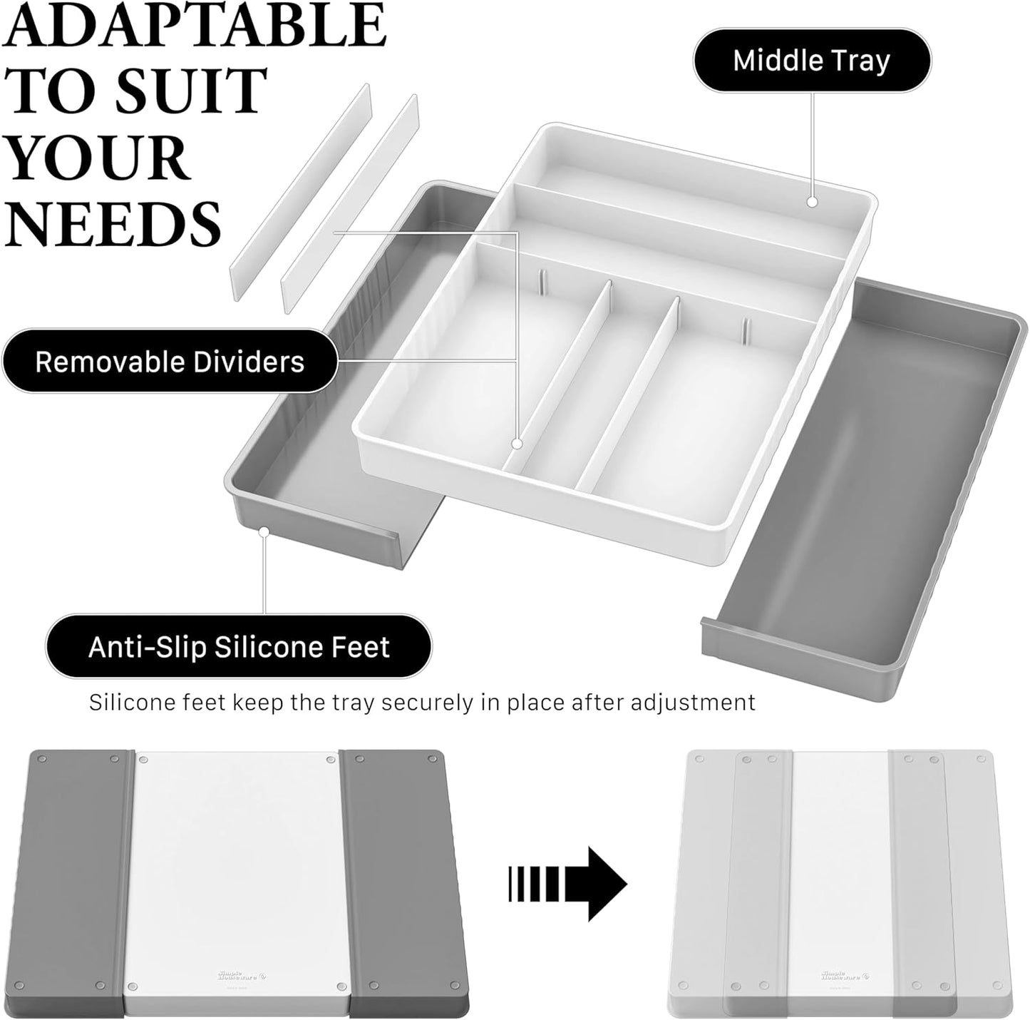 Simple Houseware Expandable Kitchen Drawer Flatware Organizer, Gray – Adjustable Cutlery Tray with 9 Compartments for Utensils and Silverware