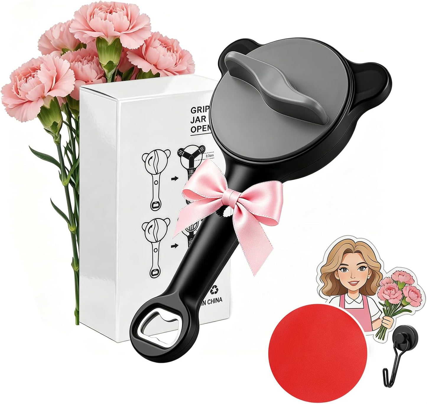 Jar Opener for Seniors, 4-in-1 Adjustable Lid Opener with Non-Slip Grip, Includes Magnetic Hook & Rubber Gripper, Suitable for Jars, Bottles and Beer Caps, Perfect for Arthritis and Weak Hands