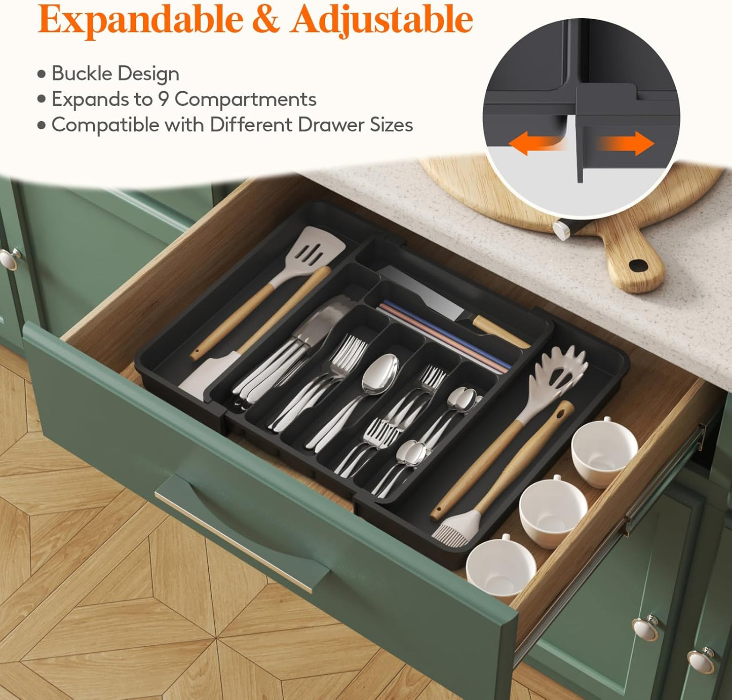Lifewit Utensil Organizer for Kitchen Drawer, Expandable Cooking Silverware Tray, Adjustable Cutlery Flatware Holder, Plastic Spatula Tools Storage Divider, 14.4 x 15.8", Black