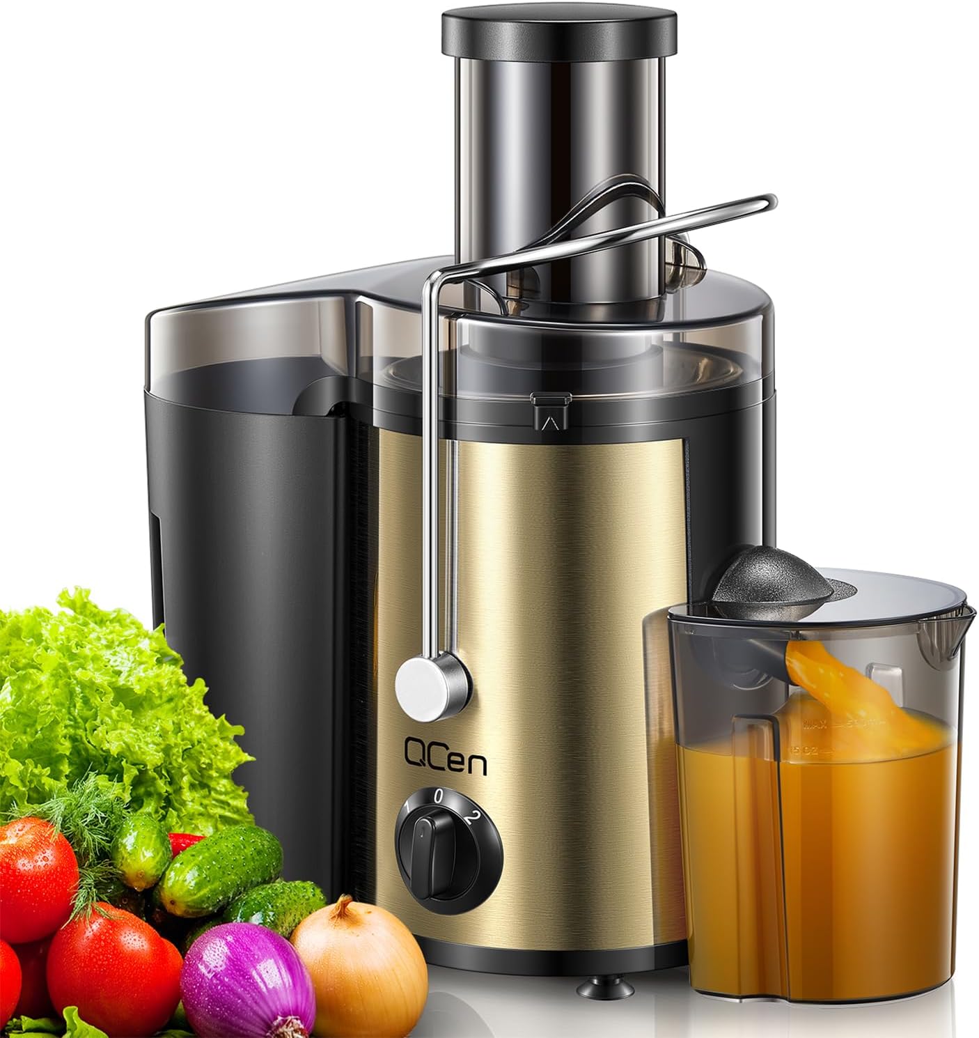 Qcen Juicer Machine, 500W Centrifugal Juicer Extractor with Wide Mouth 3” Feed Chute for Fruit Vegetable, Easy to Clean, Stainless Steel, BPA-free (Black)