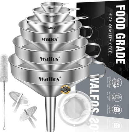 Stainless Steel Funnel, Walfos 3 Pack Kitchen Funnel with 2 Removable Strainer ＆ 1Pcs Cleaning Brush, Perfect for Transferring of Liquid, Oils, Jam, Dry Ingredients & Powder