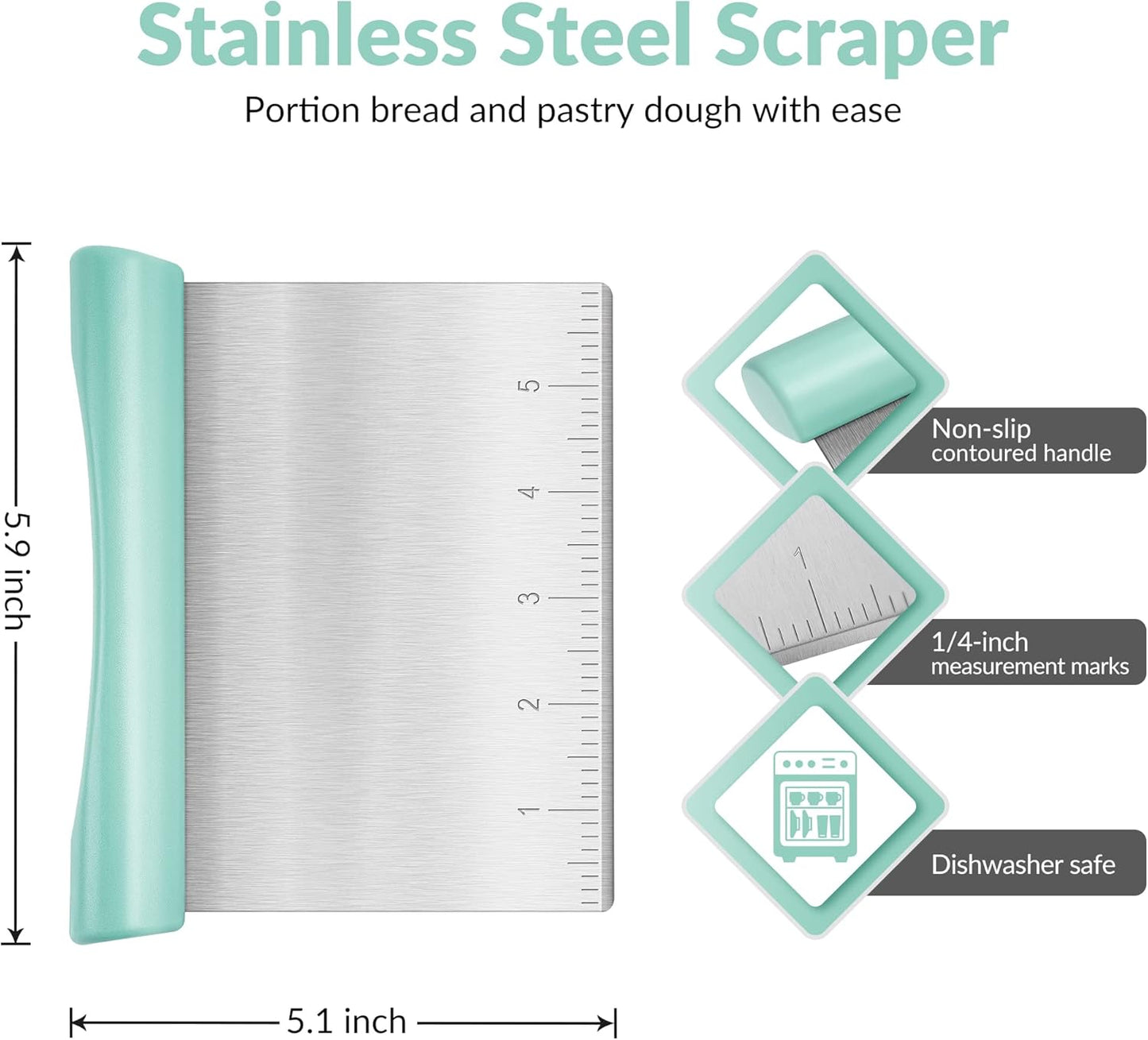 Upgraded 304 Stainless Steel Multi-Purpose Bench Scraper with Measurement Marks, Dishwasher Safe, Dough Cutter for Pizza, Bread and Cookie Dough Vegetable Chopper, Baking Supplies, Mint Green