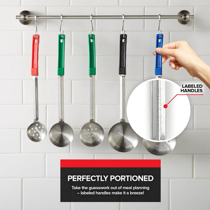 Portion Control Serving Spoons (Set of 8), Slotted & Unslotted Portion Scoops for Food, Heavy Duty Stainless Steel Utensils for Portion Control, 2, 4, 6, and 8oz Scoops for Portion Perfection