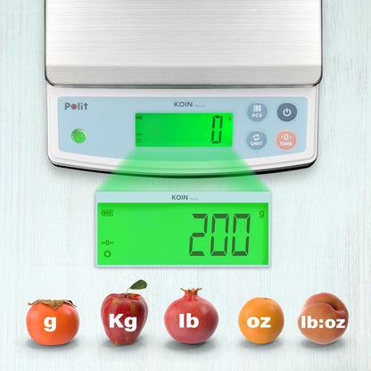 Polit Digital Kitchen Scale KT-66 30lb/13kg｜0.05oz/1g Precision Food Scale with LCD Display｜Battery or Plug-in｜Stainless Steel Top｜Grams, Ounces, Pounds｜5 Units for Baking, Farming & Shipping Scale