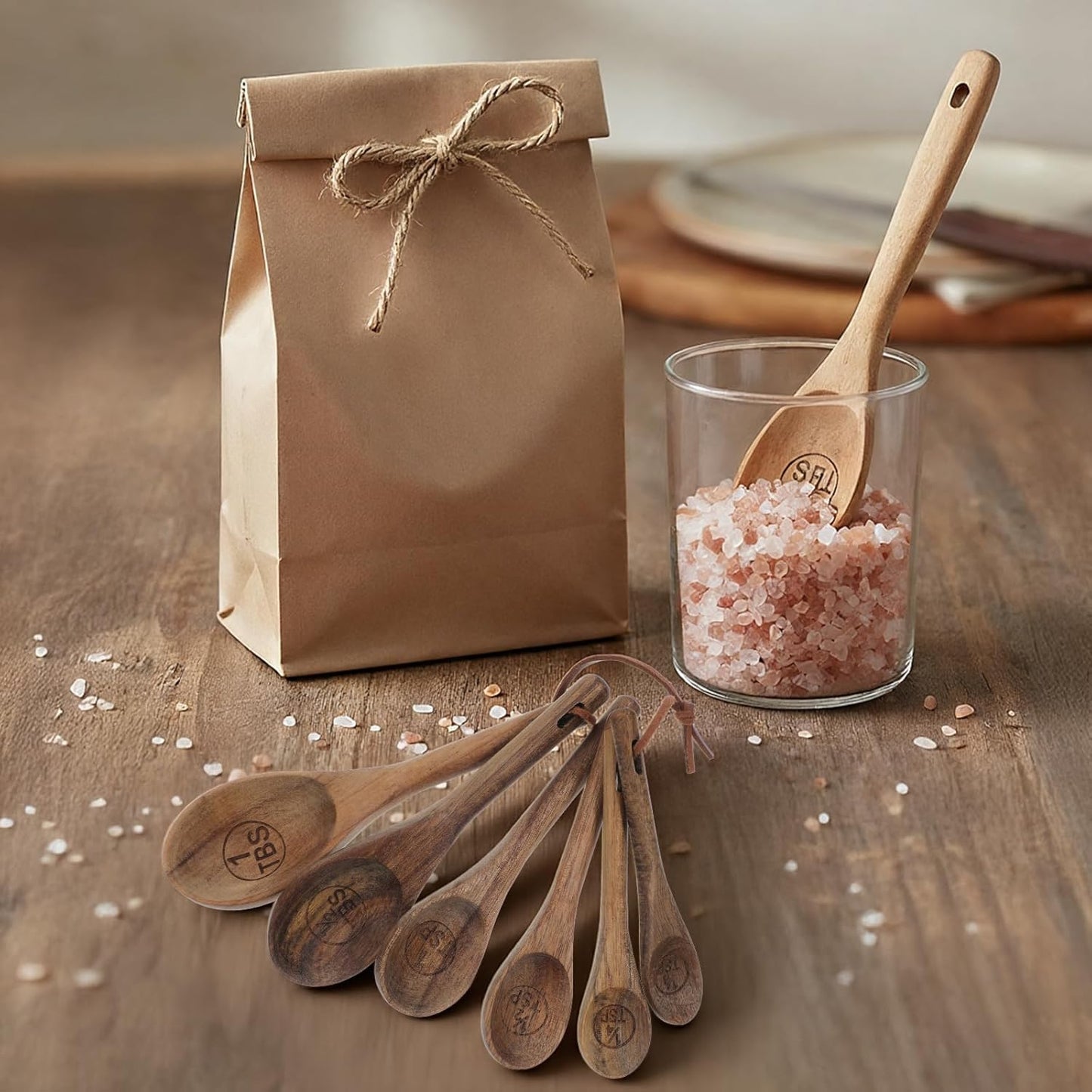 4Pcs Measuring Spoons and Scoops Set, Retro Measuring Scoops Includes 1/4 tsp, 1/2 tsp, 1 tsp & 1 tbsp, Wooden Measuring Spoons for Dry Ingredients Coffee Powder