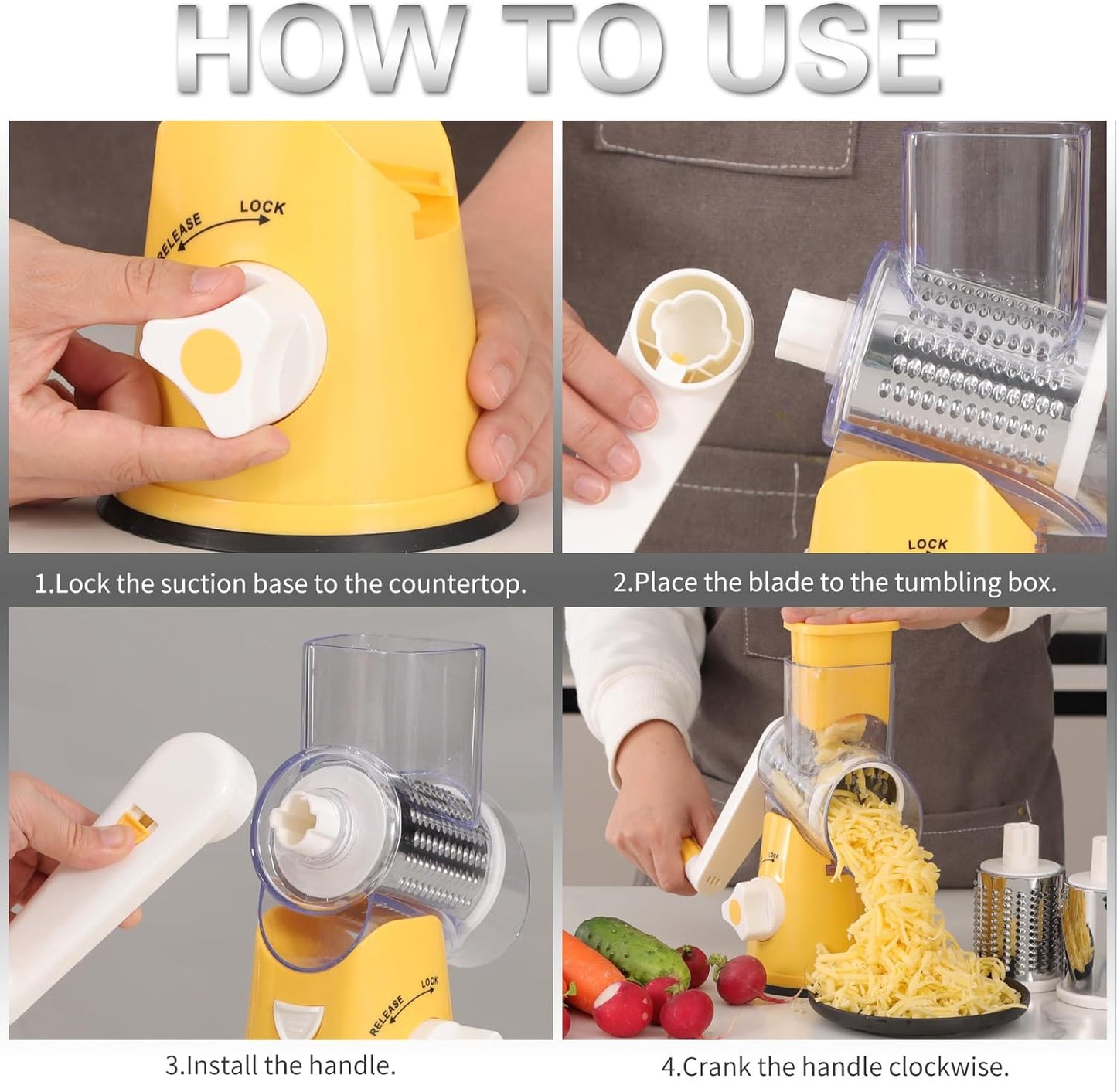 Cambom 5 in 1 Rotary Cheese Grater Hand Crank Cheese Shredder for Fresh Cheese, Vegetable, Nuts,Non-slip Suction Base, Black