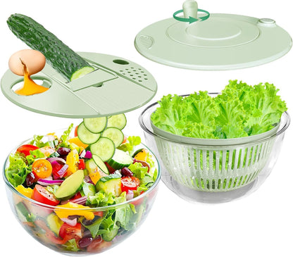 Salad Spinner large with 5-Blade Slicer, 5.3 Qt Salad Dryer for Washing, Spinning, and Draining Greens, Fruits, and Vegetables, Egg Yolk Strainer, Salad Bowl for Efficient Salad Preparation and Food