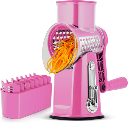 SUSTEAS Rotary Cheese Grater with Handle - Vegetable Shredder with 5 Well-designed Blades & Strong Suction Base,Round Mandoline Slicer & Food Chopper for Kitchen,with Blade Storage Box(Beige)