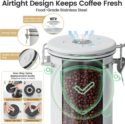 Veken Coffee Canister with Window,Airtight Stainless Steel Pantry Container,Home Kitchen Food Storage Organizers for Ground,Beans,Espresso,Rice,Tea,Sugar,Cereal, Decor,Bar Accessories,Gifts,22OZ,Black