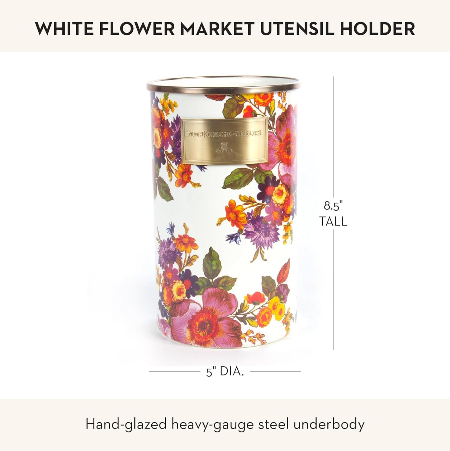 MACKENZIE-CHILDS Enamel Utensil Holder, Kitchen Utensil Holder for Countertop, Storage Caddy, Gray-and-White Sterling Check