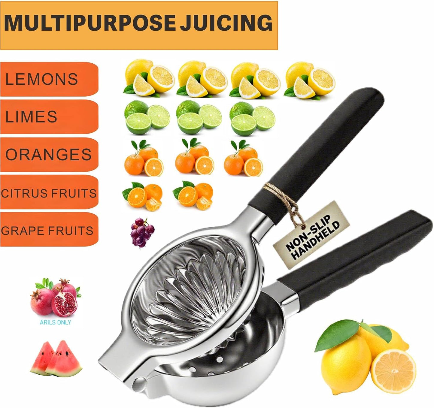 Stainless Steel Lemon Squeezer, Manual Citrus Juicer with Non-Slip Handles, 304 Grade Steel Large Manual Lemon Press Juicer, Ergonomic Design Handheld Lime Squeezer Fruit Juicer