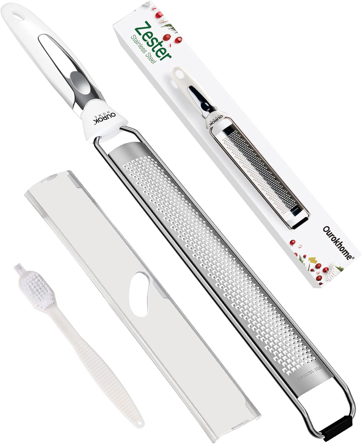 Ourokhome Kitchen Lemon Zester, Stainless Steel Hand Held Parmesan Cheese Grater for Ginger, Chocolate, Coconut, Lime, Nutmeg, Citrus, Fruit, Vegetable with Cleaning Brush, Dishwasher safe, Blue