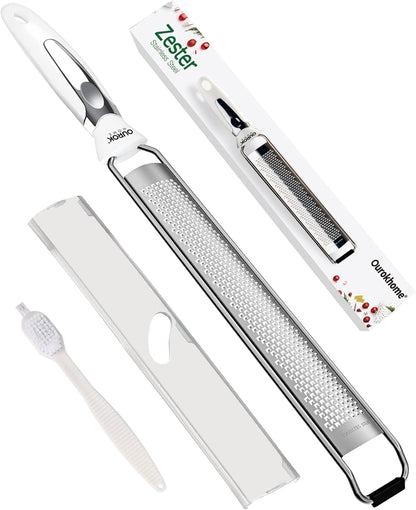 Ourokhome Kitchen Lemon Zester, Stainless Steel Hand Held Parmesan Cheese Grater for Ginger, Chocolate, Coconut, Lime, Nutmeg, Citrus, Fruit, Vegetable with Cleaning Brush, Dishwasher safe, Blue