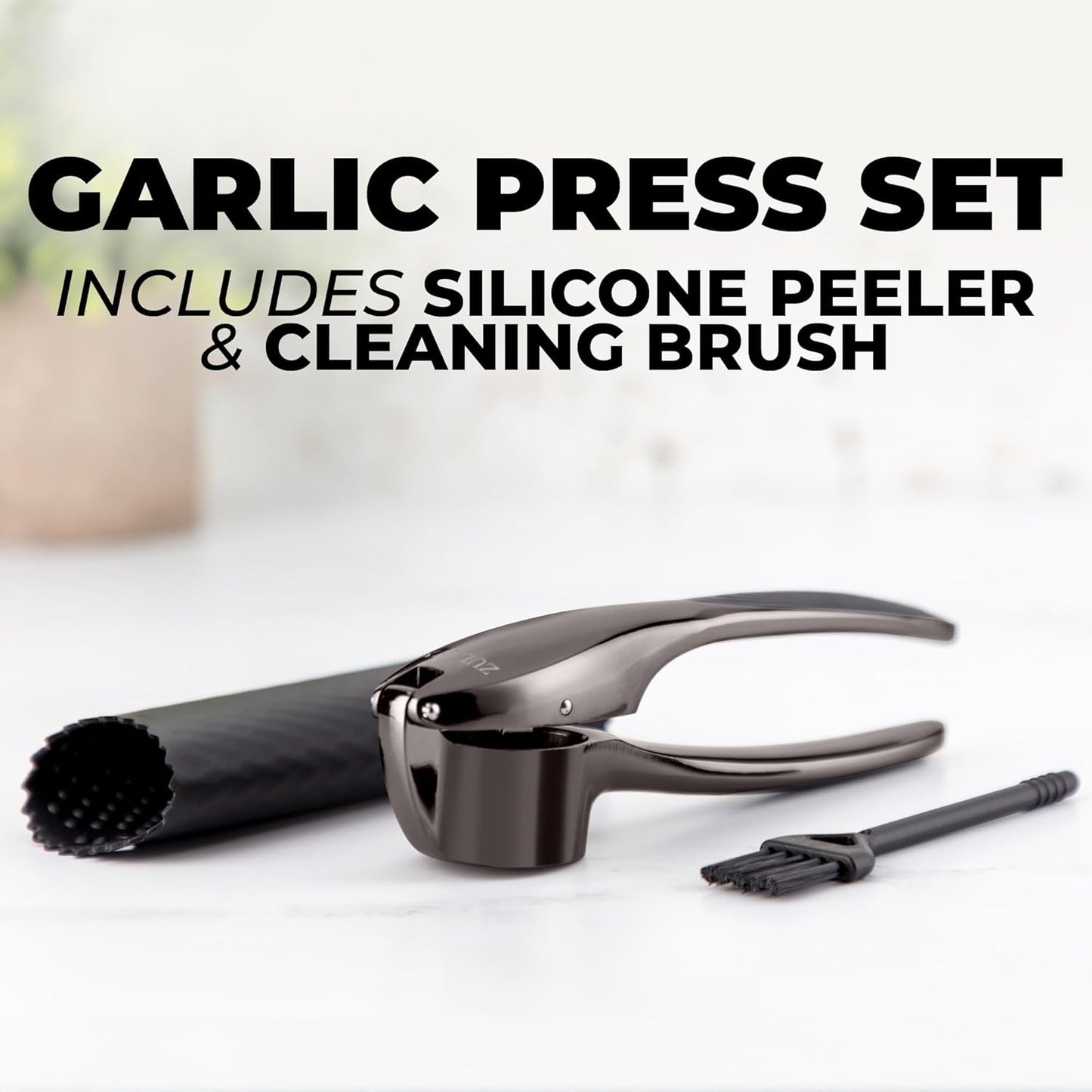 Zulay Kitchen Premium Garlic Press Set - Rust Proof Professional Garlic Mincer Tool - Easy-Squeeze, Easy-Clean with Soft, Ergonomic Handle - Silicone Garlic Peeler & Brush (Silver)