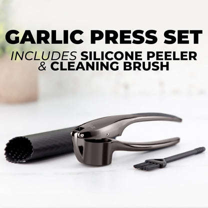 Zulay Kitchen Premium Garlic Press Set - Rust Proof Professional Garlic Mincer Tool - Easy-Squeeze, Easy-Clean with Soft, Ergonomic Handle - Silicone Garlic Peeler & Brush (Silver)