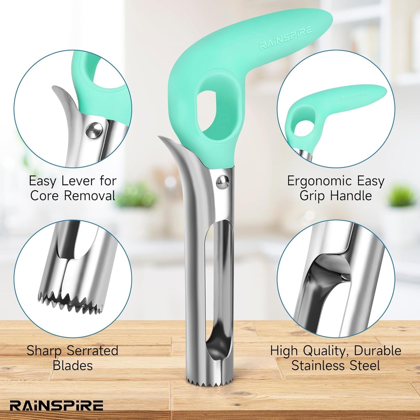 Rainspire Apple Corer Tool Kitchen Apple Core Remover Stainless Steel Comfortable Nonslip Handle, Dishwasher Safe, Red