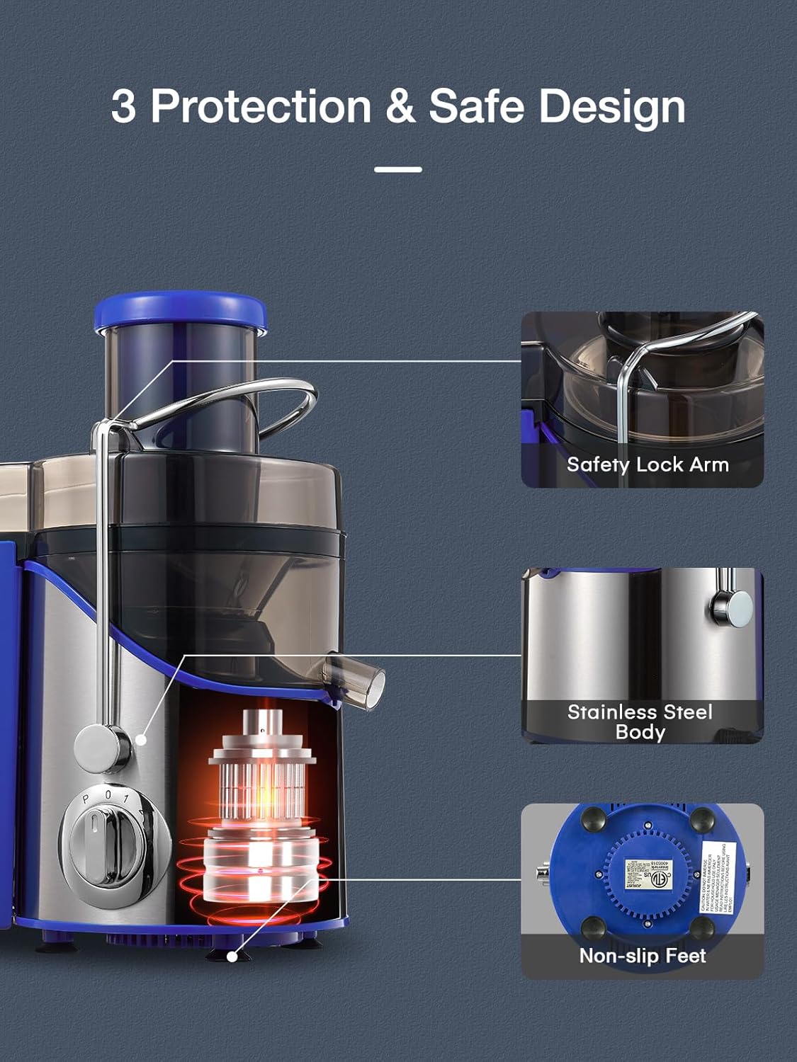 Juicer Machines, Juilist 3" Wide Mouth Juicer Extractor Max Power 800W, for Vegetable and Fruit with 3-Speed Setting, 400W Motor, Easy to Clean