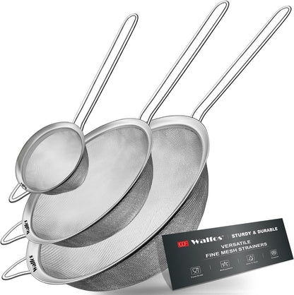 Walfos Fine Mesh Strainer Set of 3, Stainless Steel Wire Strainers for Kitchen, Multipurpose Metal Fine Sieve with Handle, Perfect for Food, Rice, Quinoa, 2.7", 4.6", 7"