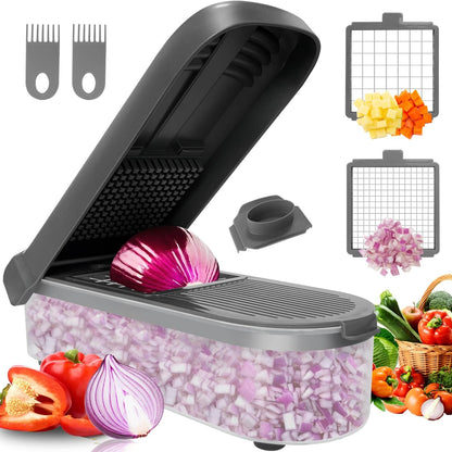 LHS Vegetable Chopper Multifunctional Food Chopper Onion Chopper Vegetable Slicer Dicer Cutter Potato Cutter Veggie Chopper with Container with Spiralizer (12 in 1, Black)