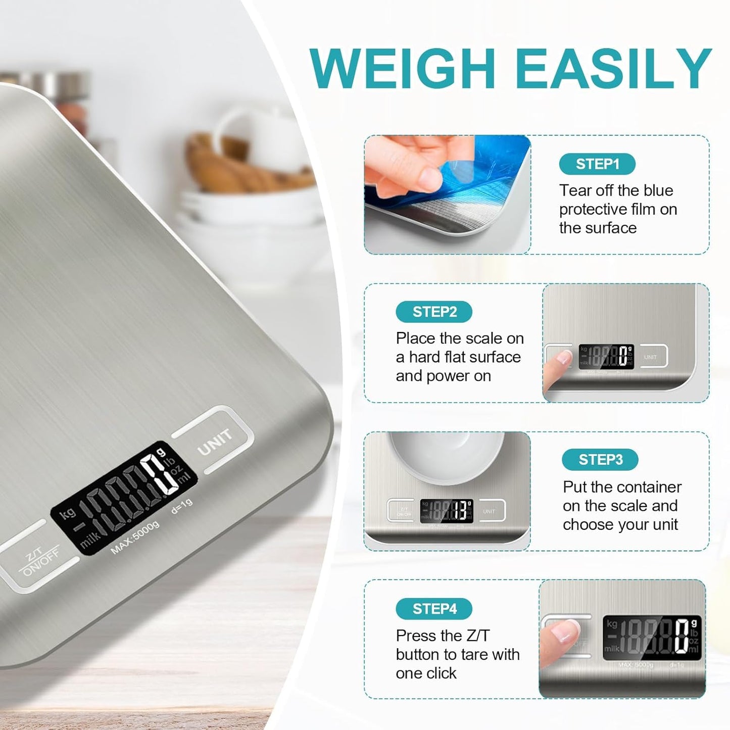 Digital Kitchen Scale, 11lb Stainless Steel Food Scale with LCD Display, 6 Units Tare Function, 0.05oz/1g Precision for Baking (White)