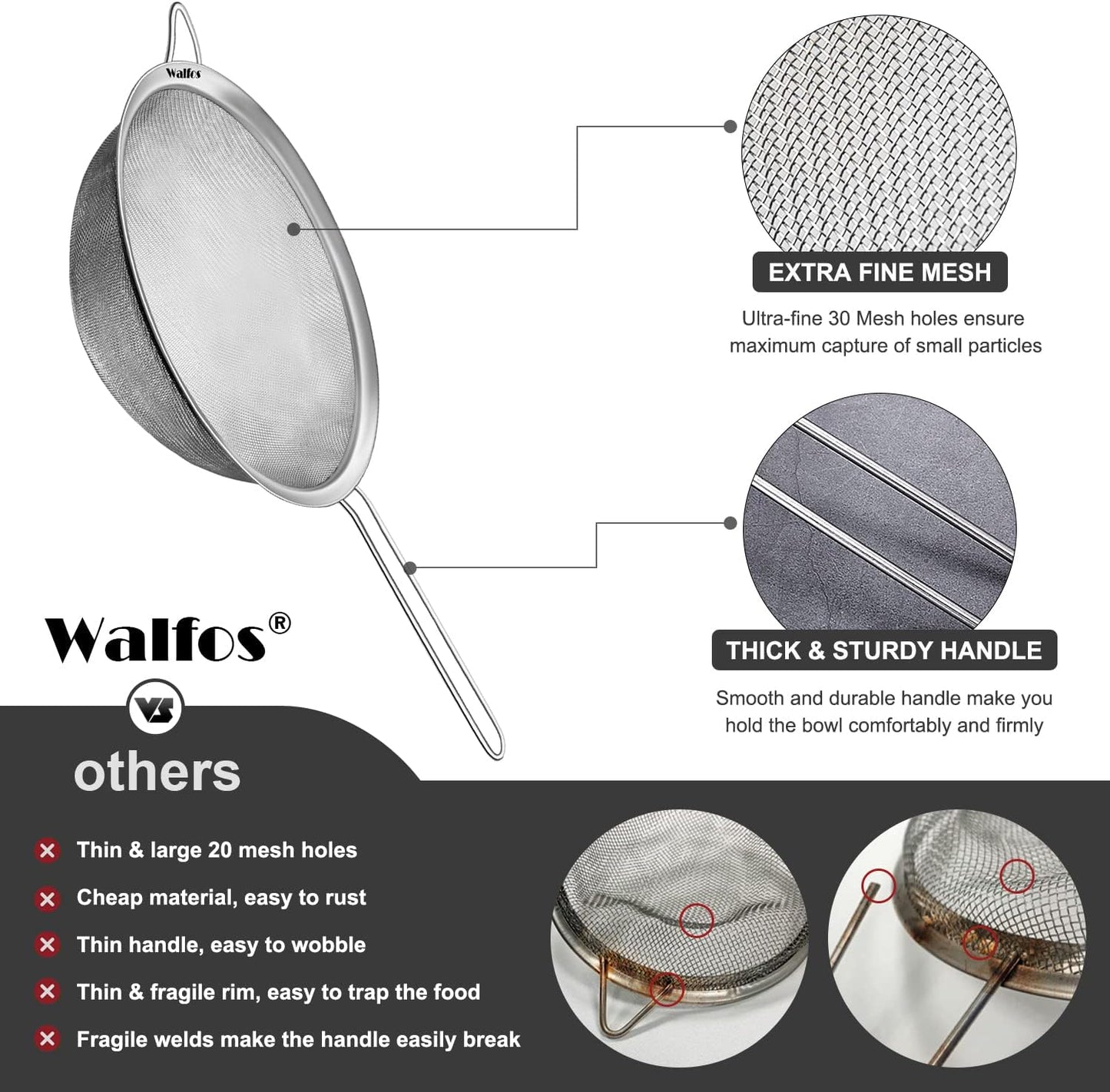 Walfos Fine Mesh Strainer Set of 3, Stainless Steel Wire Strainers for Kitchen, Multipurpose Metal Fine Sieve with Handle, Perfect for Food, Rice, Quinoa, 2.7", 4.6", 7"