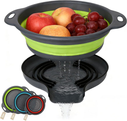 Collapsible Colander Set of 3 with Kitchen Counter Self-draining Base, Round Silicone Food Foldable Strainer for Cooking Pasta, Vegetables and Fruit (3QT, 4QT and 5QT), Black