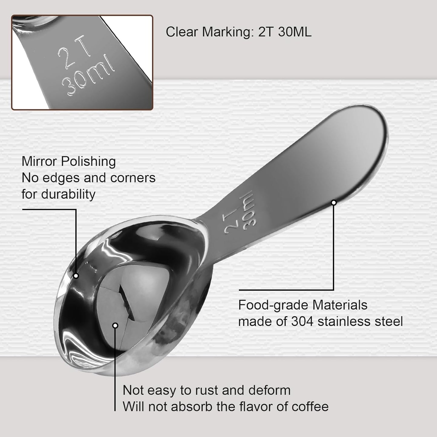 Coffee Scoops 2Tbs (30ml/ 1/8 Cup / 1 oz), Black 304 Stainless Steel Coffee 2 Tablespoon Scoop Short Handle Measuring Spoon, Set of 2