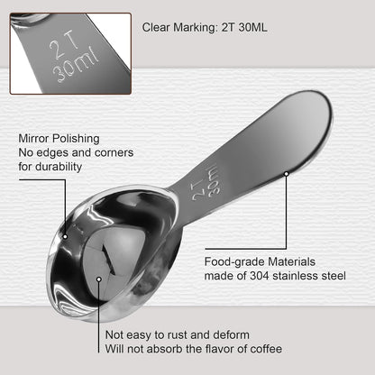 Coffee Scoops 2Tbs (30ml/ 1/8 Cup / 1 oz), Black 304 Stainless Steel Coffee 2 Tablespoon Scoop Short Handle Measuring Spoon, Set of 2