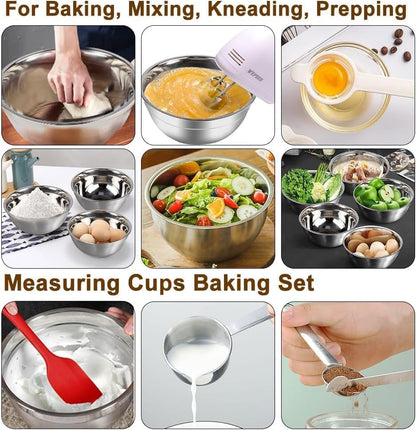 WEPSEN 5-Speed Electric Hand Mixer, 4 Large Mixing Bowls Set, Handheld Mixers with Whisks Beater, Stainless Steel Metal Nesting Bowl Measuring Cups Spoons Kitchen Cake Blender for Baking Supplies
