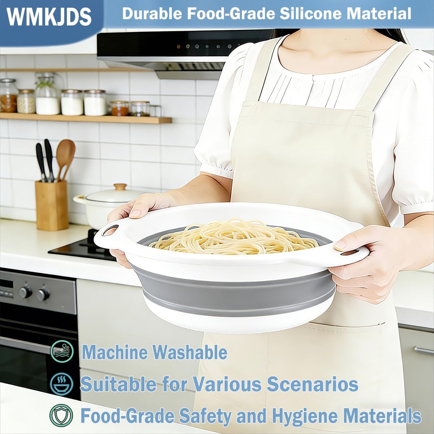 Collapsible Colanders Food Strainers, 3-Pack Foldable Kitchen Strainers with Over-Sink Water Draining Tray, Space Saving Kitchen Drainer for Vegetables, Fruit, Pasta and Rice (White-Gray)