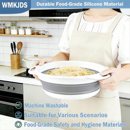 Collapsible Colanders Food Strainers, 3-Pack Foldable Kitchen Strainers with Over-Sink Water Draining Tray, Space Saving Kitchen Drainer for Vegetables, Fruit, Pasta and Rice (White-Gray)