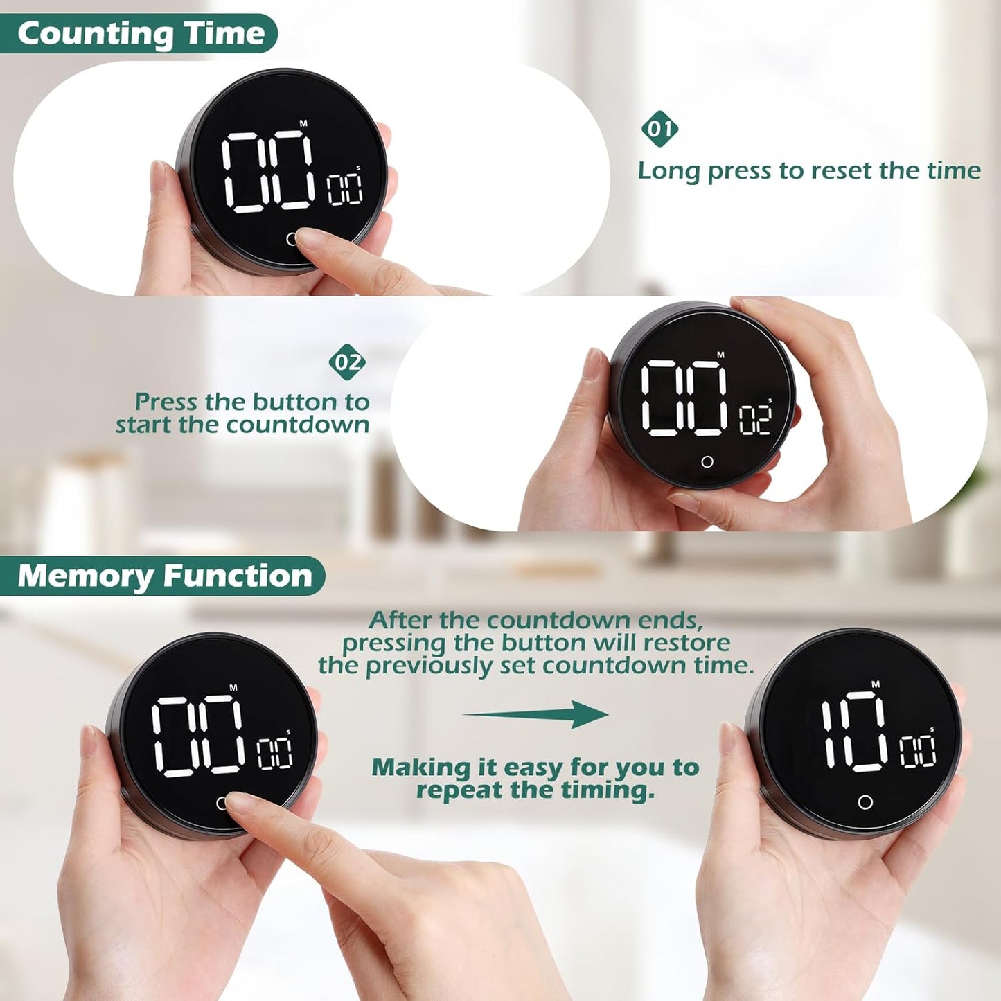 GeeRic Digital Kitchen Timers, 199 Minutes Countdown Countup Rotary Timer, Large LED Stopwatch, Volume Adjustable Kitchen, Study, Workout, and Office Timer Black