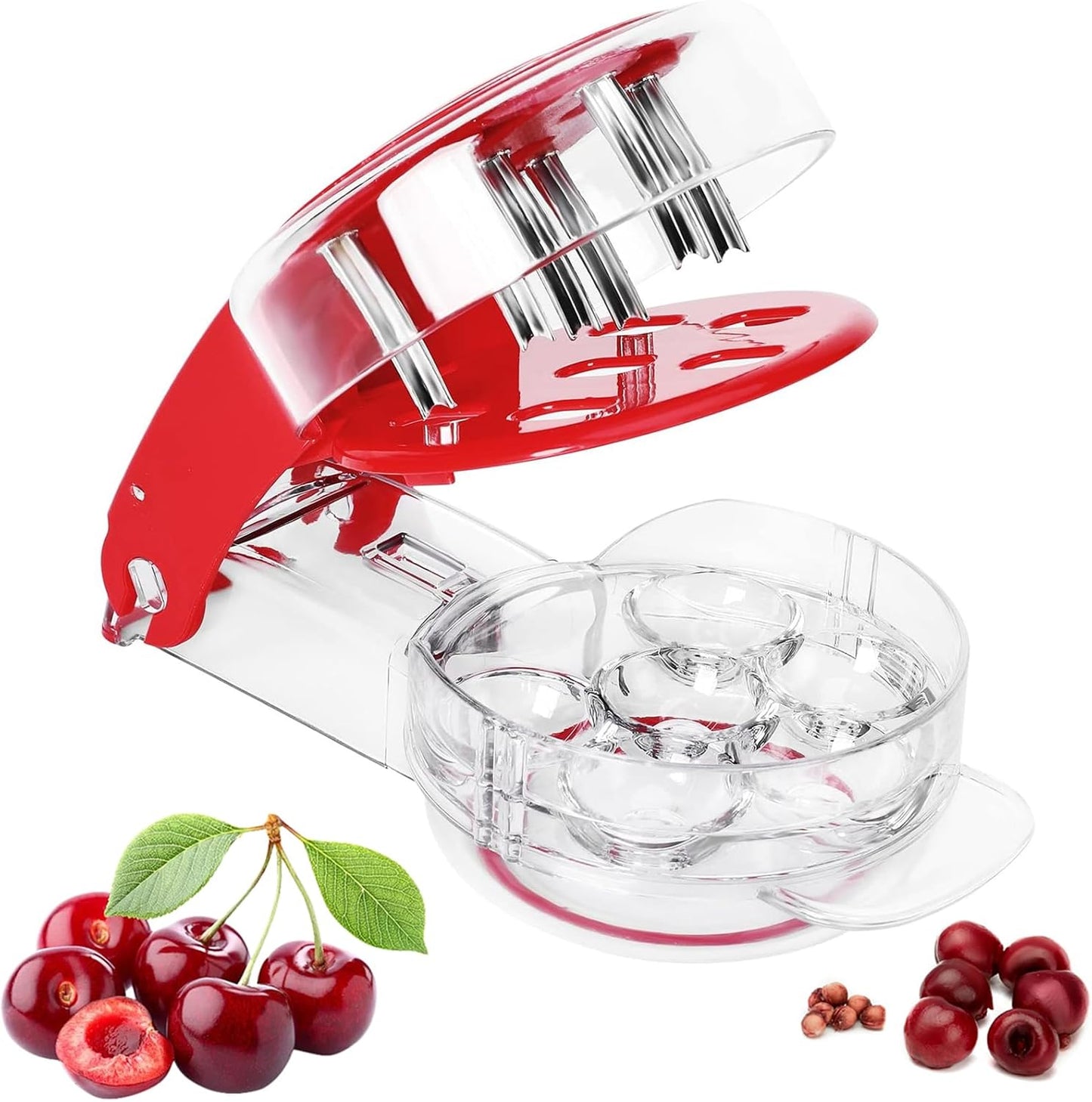Cherry Pitter, Brighoot Stainless Steel Cherry Pitter Tool Cherries Corer with Lock Design for Making Cherry Jam, Remove Cherry Seed with Space/Safe/Quick (Red)