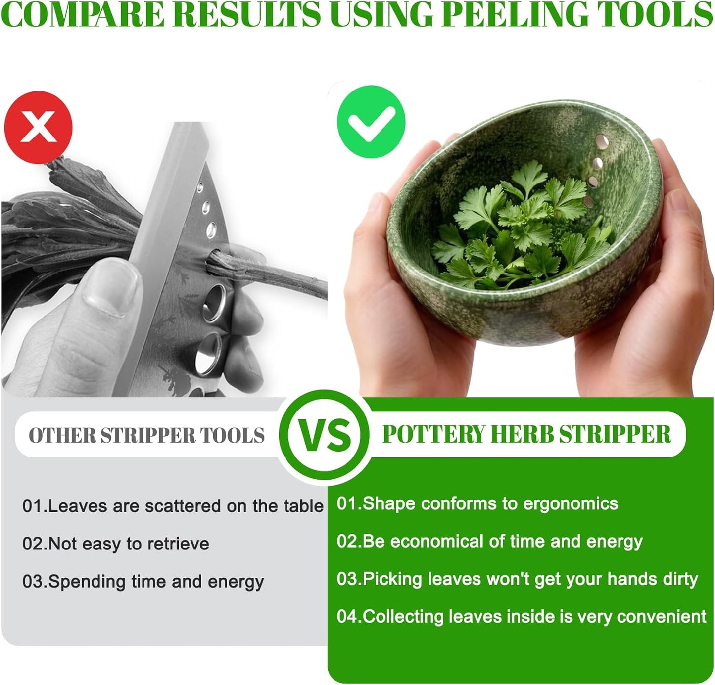 Herb Stripper, 4-Hole Design Pottery Herb Stripper,Handmade Ceramic Herb Stripper Bowl for Removing Leaves and Stems in the Kitchen (Green Glaze)