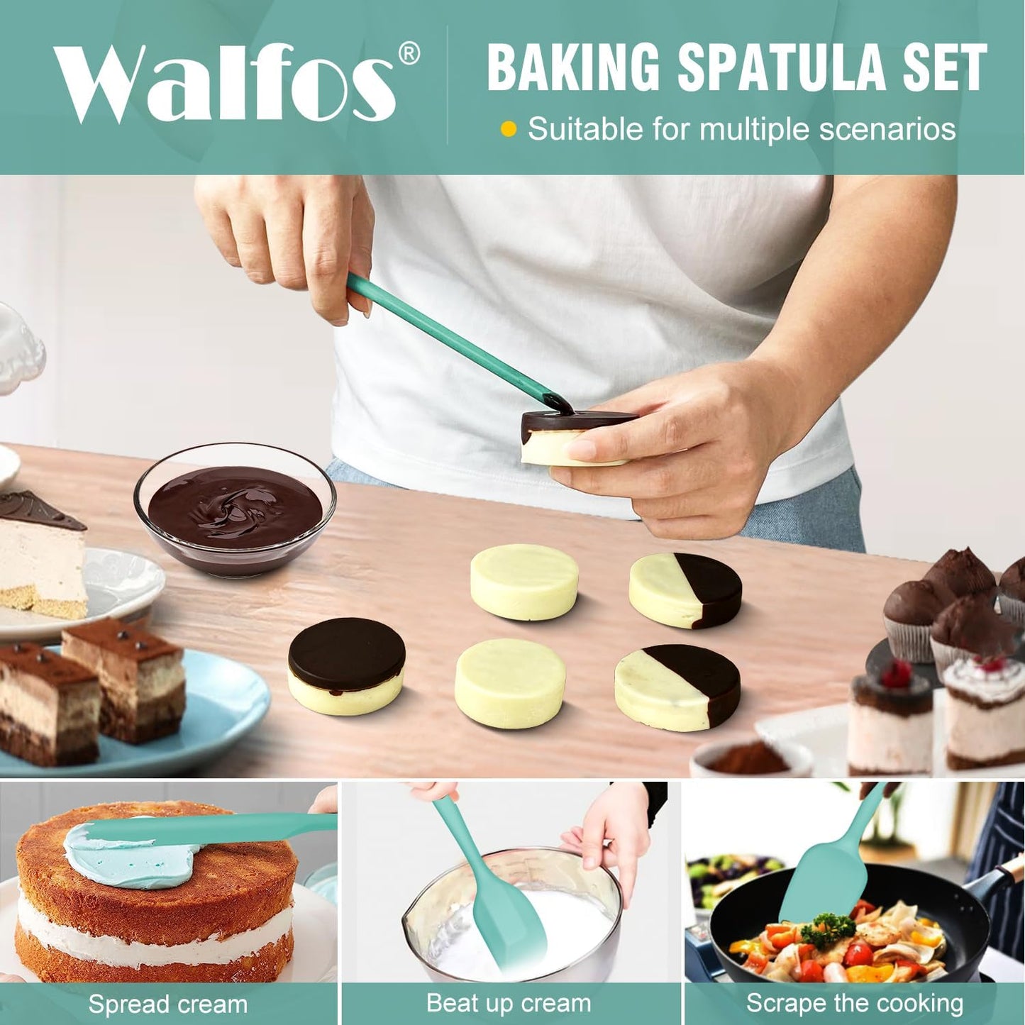 Walfos Silicone Spatula Set of 5 - (600°F) High Heat Resistant Kitchen Scraper Spatulas, One-Pieces Seamless Design, Perfect for Cooking Mixing & Baking - BPA Free and Dishwasher Safe,black