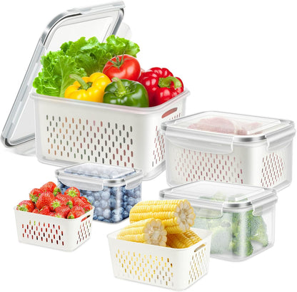 12 Pieces Fruit Storage Containers For Fridge, 6 Pack BPA-Free Fresh Food Containers with Removable Colanders and Airtight Lids, Fresh for Fruit Berry Produce Vegetable, Dishwasher & Microwave Safe