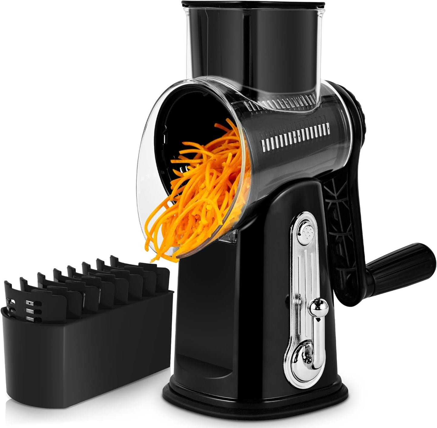 SUSTEAS Rotary Cheese Grater with Handle - Vegetable Shredder with 5 Well-designed Blades & Strong Suction Base,Round Mandoline Slicer & Food Chopper for Kitchen,with Blade Storage Box(Beige)