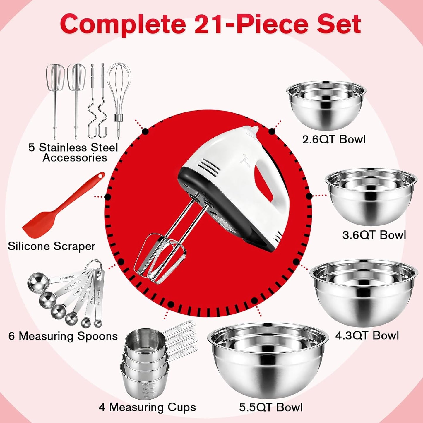 Showvigor Electric Hand mixer - 7 Adjustable Speed 180W Handheld Mixer Electric Whisk with 5 Stainless Steel Accessories, Turbo Boost/Self-Control Speed + Eject Button Food Beater for Cakes Eggs