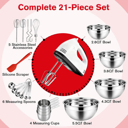 Showvigor Electric Hand mixer - 7 Adjustable Speed 180W Handheld Mixer Electric Whisk with 5 Stainless Steel Accessories, Turbo Boost/Self-Control Speed + Eject Button Food Beater for Cakes Eggs