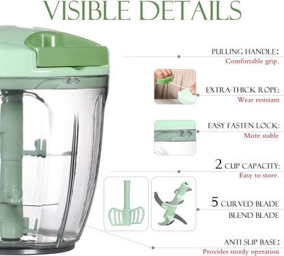 Ourokhome Manual Food Processor Vegetable Chopper, Portable Hand Pull String Garlic Mincer Onion Cutter for Veggies, Ginger, Fruits, Nuts, Herbs, etc., 500ml, Deep Blue