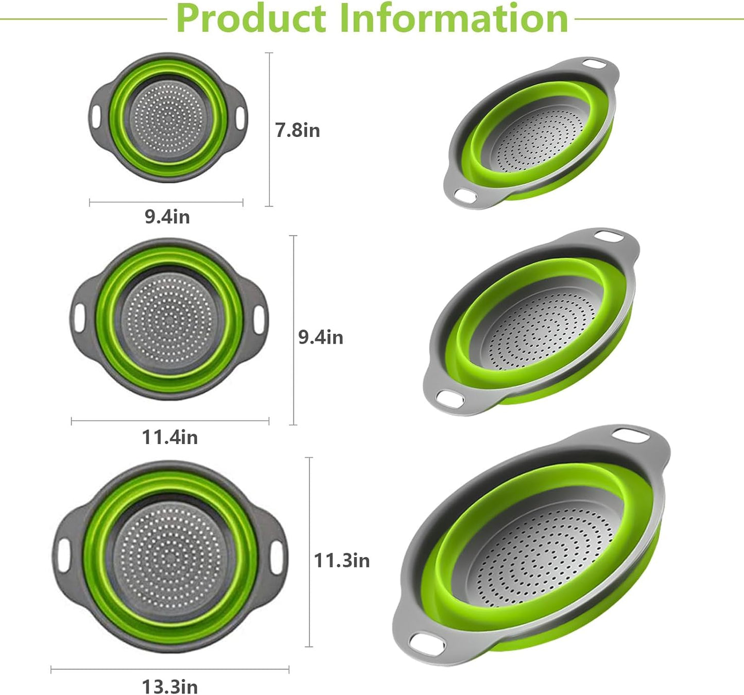 Collapsible Colander Set of 3 - Heat Resistant Washing and Draining of Vegetables Fruits Pasta - Perfect for Kitchen and Travel Use (3PCS-Green)