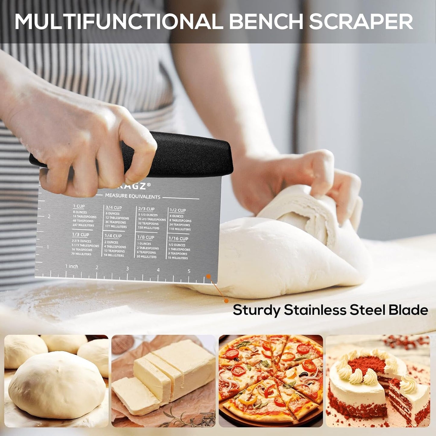 Bench Scraper & Chopper - Multifunctional Dough Scraper with Silicone Bowl Scraper, Sturdy Stainless Steel Dough Cutter for Baking, Pastry Cutter for Bread Pizza Cake with Measuring Scale