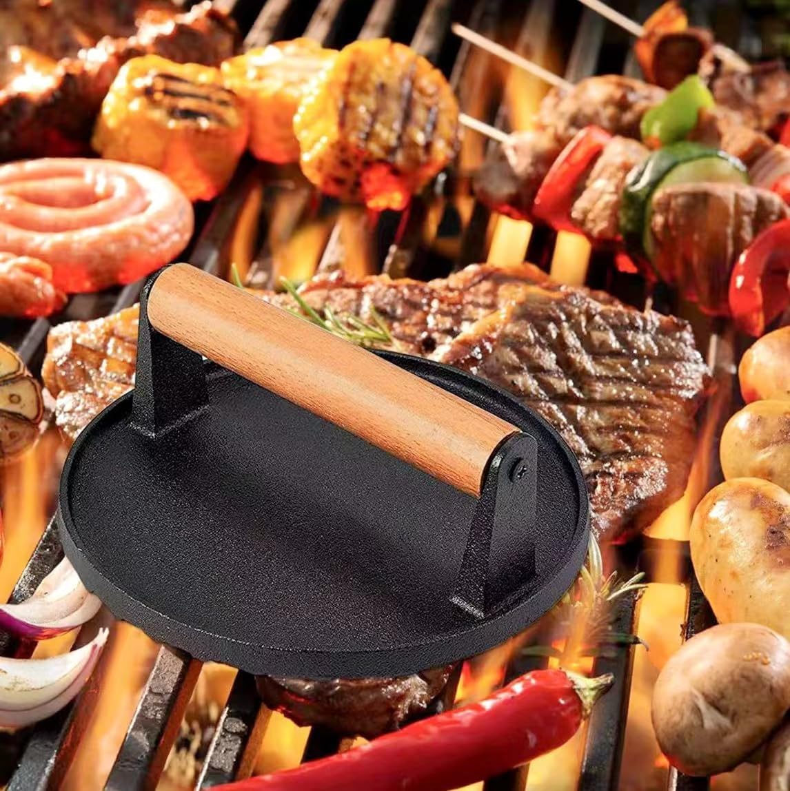 Kitchen Tools Heavy Duty Cast Iron Smash Burger Press Round Barbecue Meat Flat Press with Anti Scalding Wooden Handle with Handle for Griddle, Sandwich, Nonstick Pan