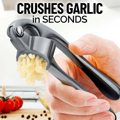 Zulay Kitchen Premium Garlic Press Set - Rust Proof Professional Garlic Mincer Tool - Easy-Squeeze, Easy-Clean with Soft, Ergonomic Handle - Silicone Garlic Peeler & Brush (Silver)