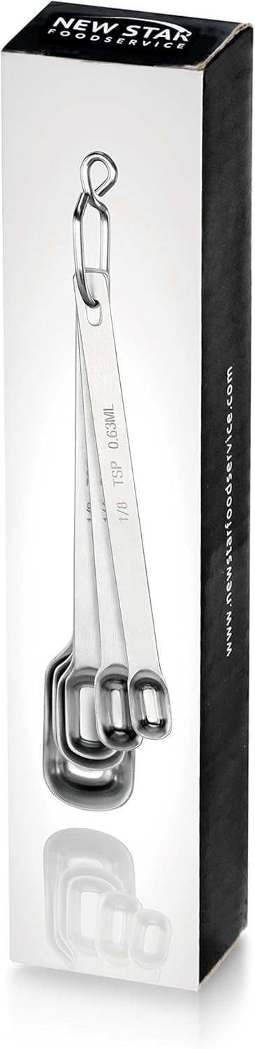 New Star Foodservice 43136 Stainless Steel 1/8 Measuring Spoons, Set of 6, Narrow Rectangular Measuring Spoon Set with Wall Mount Hook for Spices, Baking, Cooking, Silver