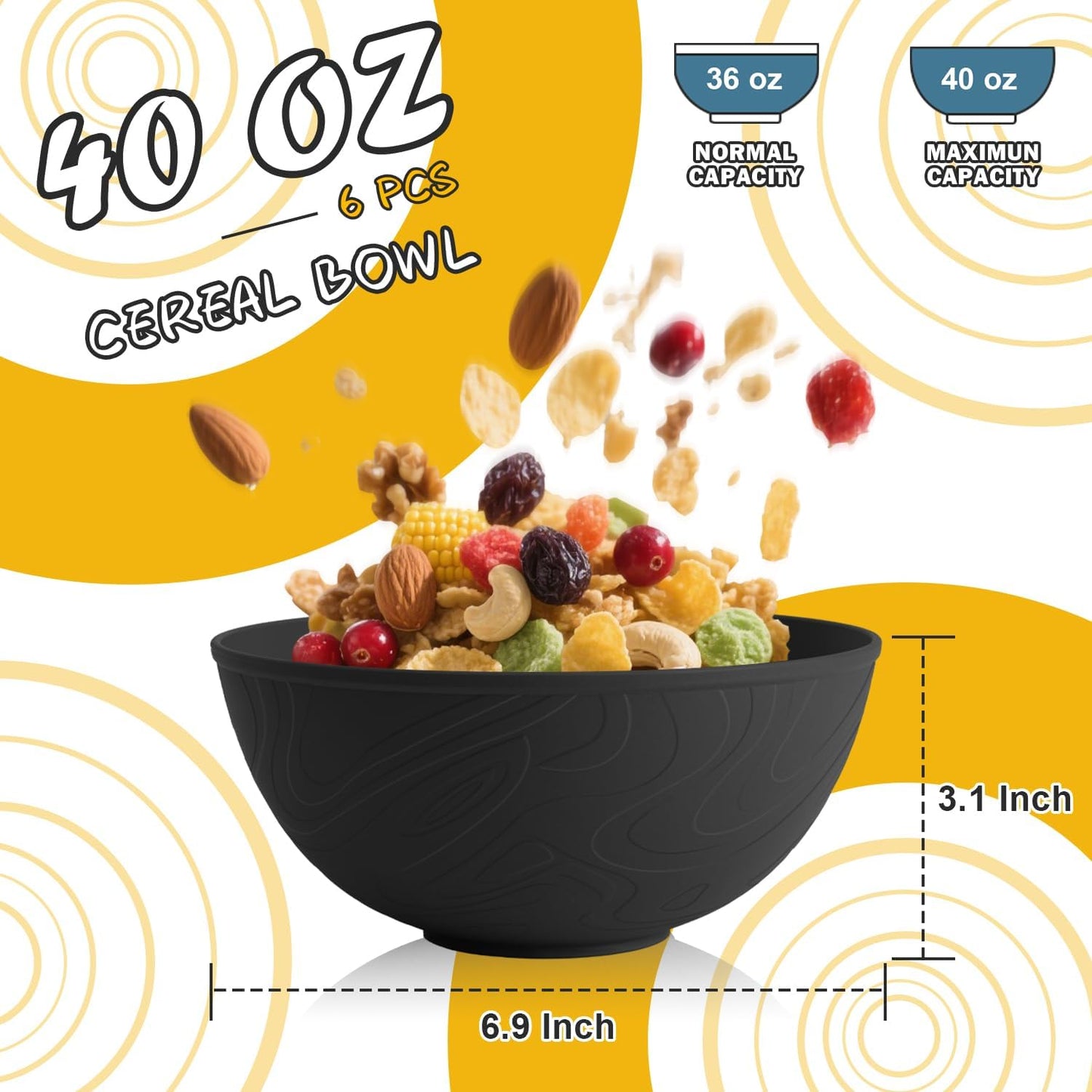 Wheat Straw Bowls Set with Lids, Unbreakable 40 OZ Cereal Bowls Set of 4, Salad Container for Lunch, Microwave & Dishwasher Safe Bowl Set for Kitchen, Picnic, RV, Camping, Multi